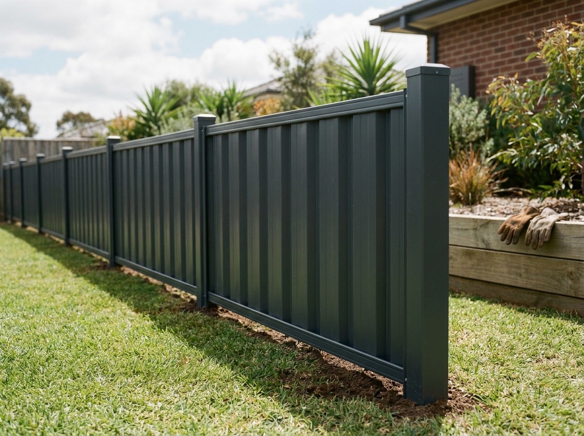a Colorbond fence beside a brick house and a sleeper garden bed