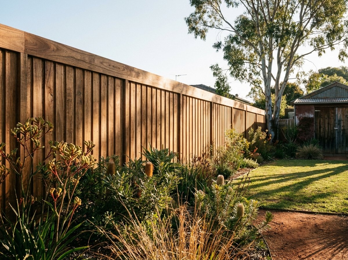a timber fence beside a native garden bed in afternoon light
