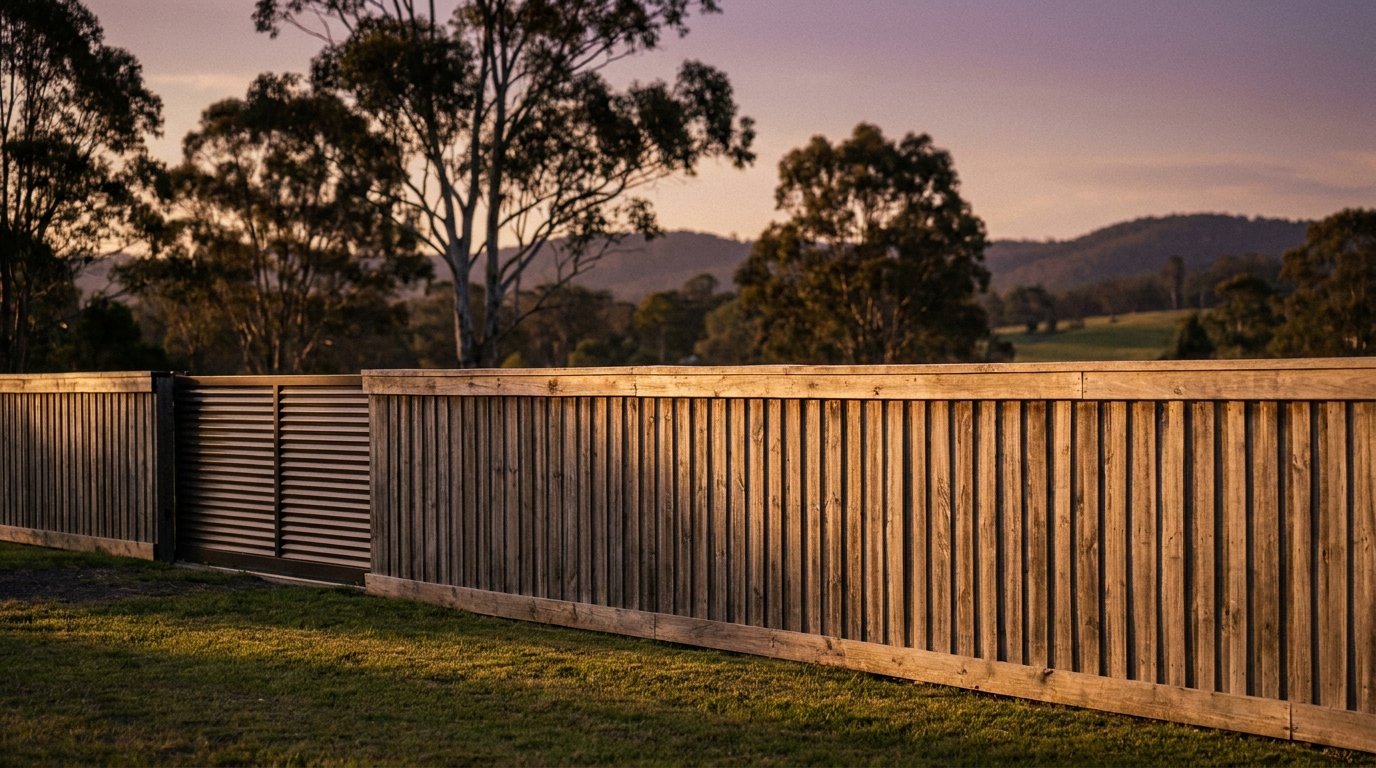 a timber paling fence running past gum trees in the evening