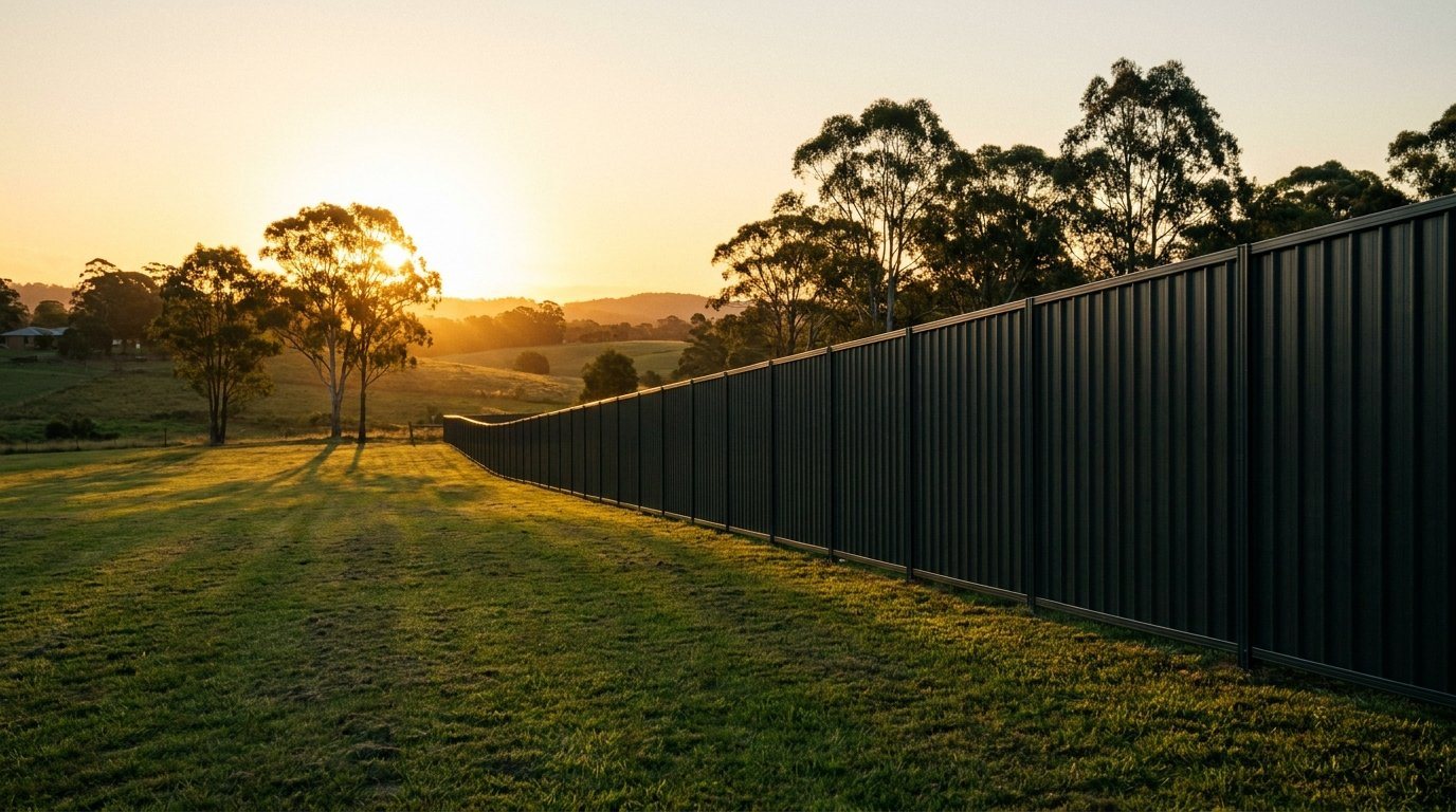 a dark Colorbond boundary fence running past gum trees at sunset