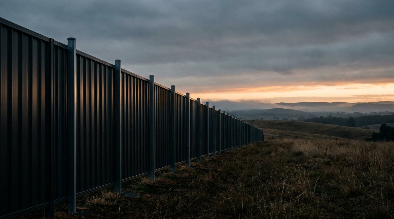 a dark Colorbond fence running along a hillside boundary at dusk