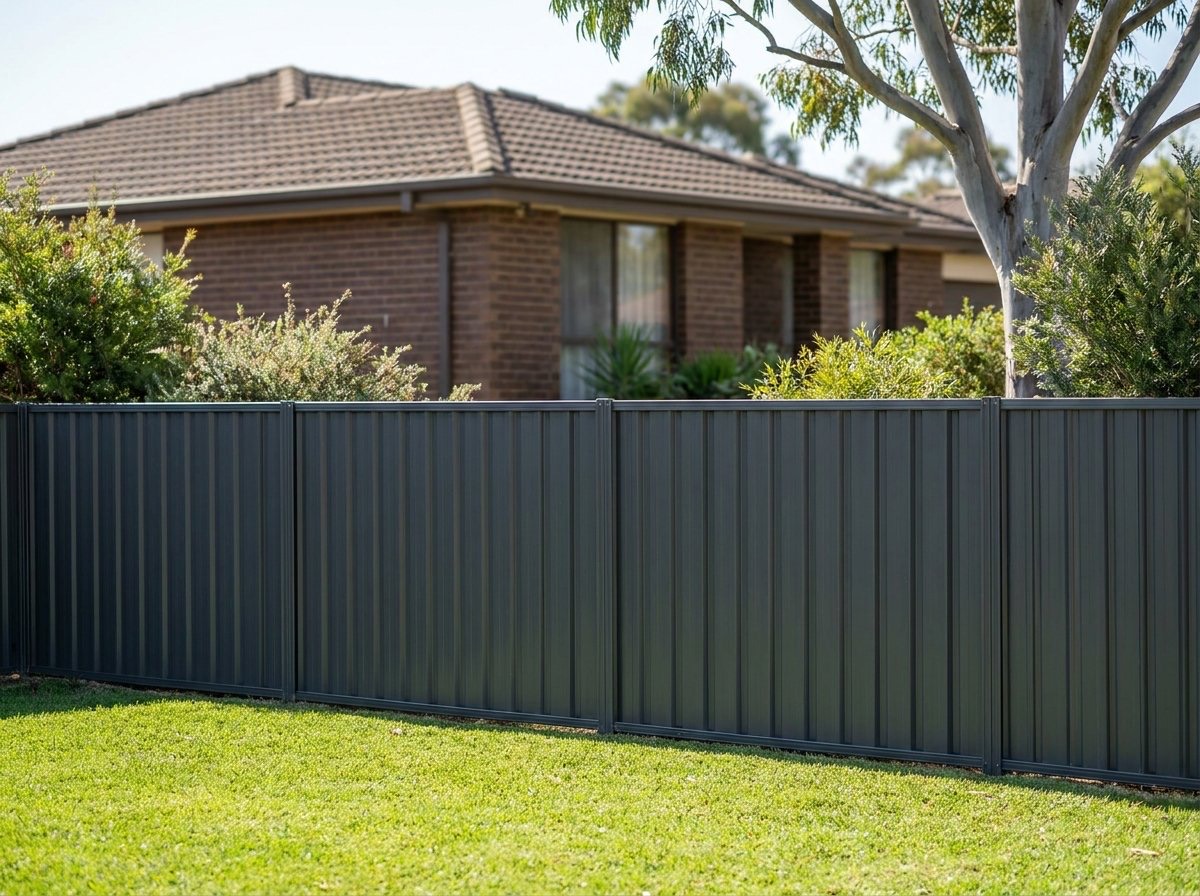 a dark Colorbond fence along the boundary of a brick house