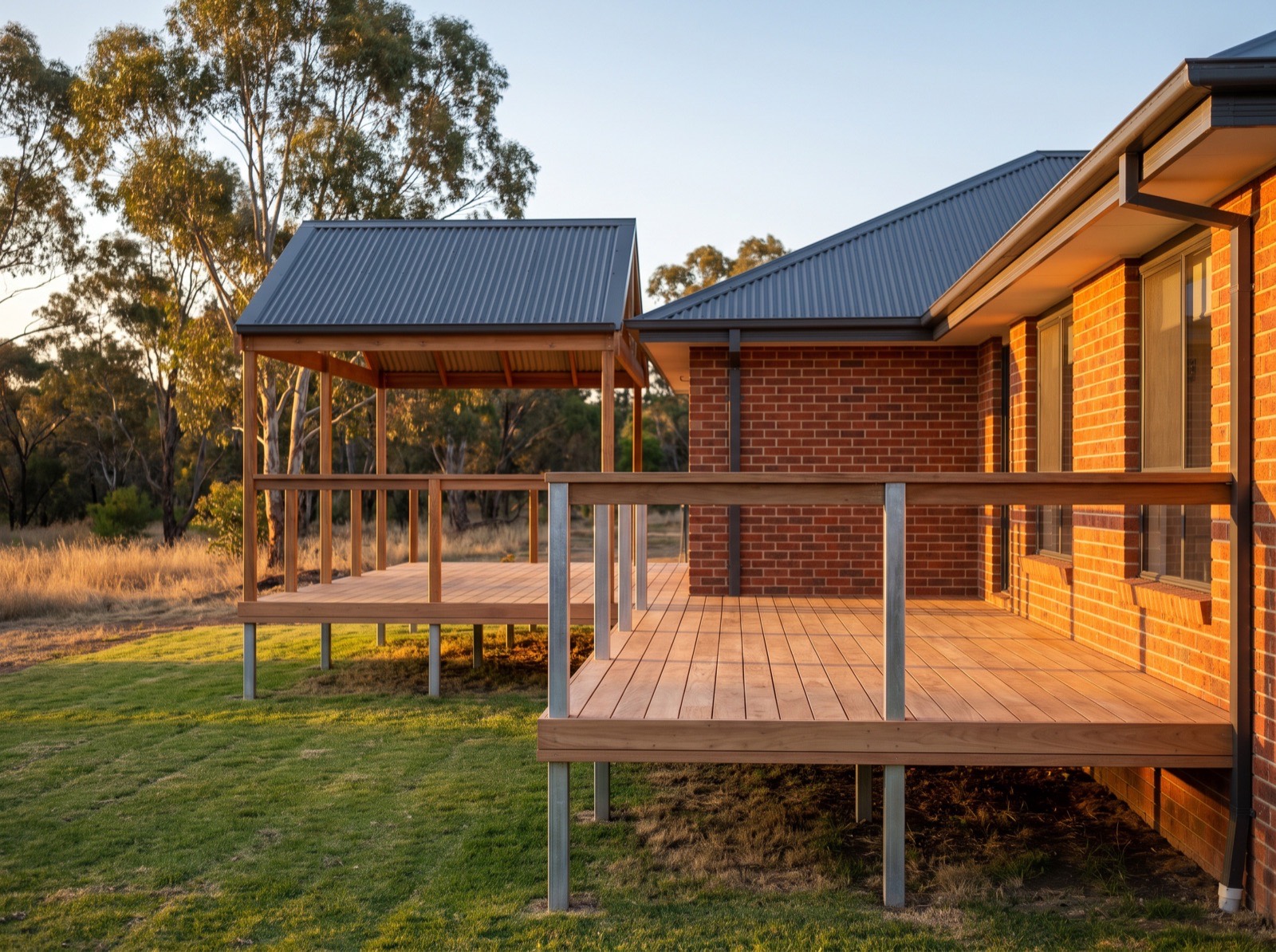 a timber deck and pergola at the back of a brick house