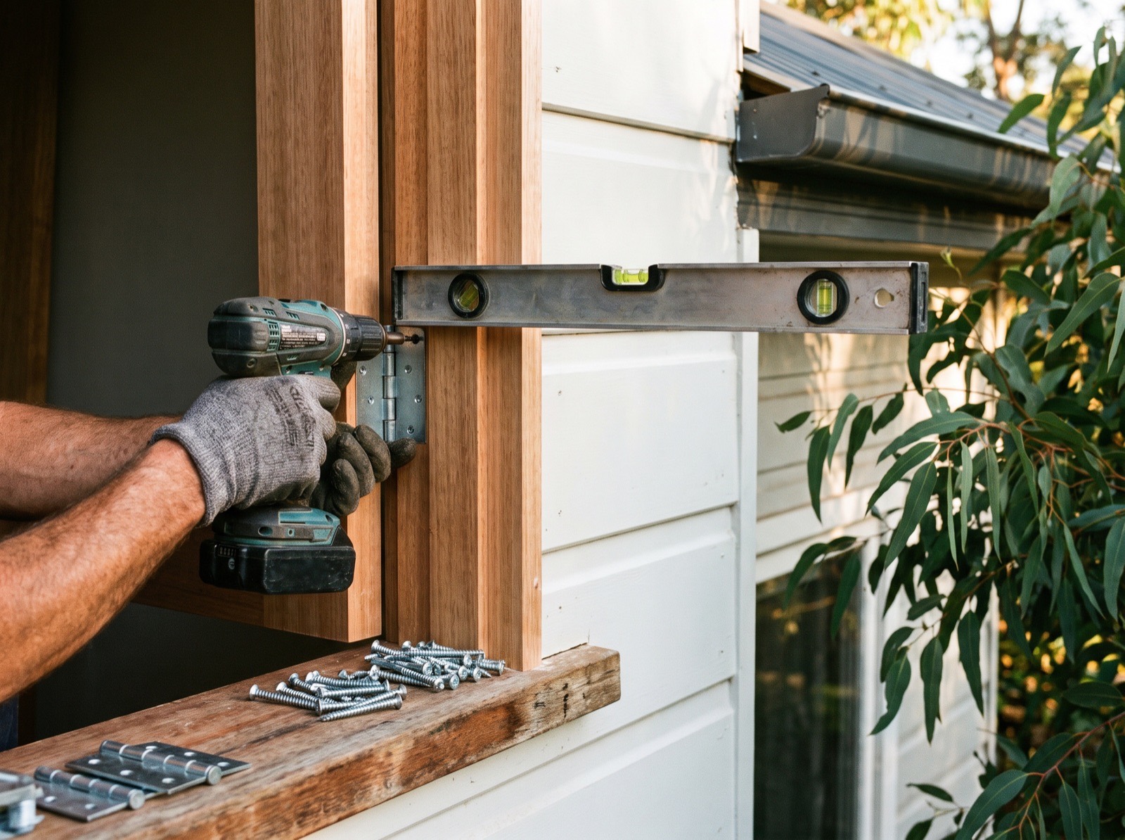 a new timber door being fitted to a weatherboard house